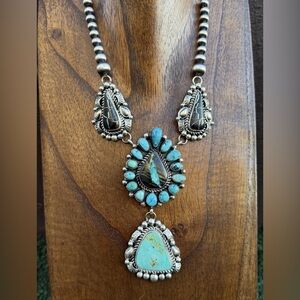 Navajo Sterling Silver Black Jack Kingman Turquoise Lariat Pearls Chain Necklace